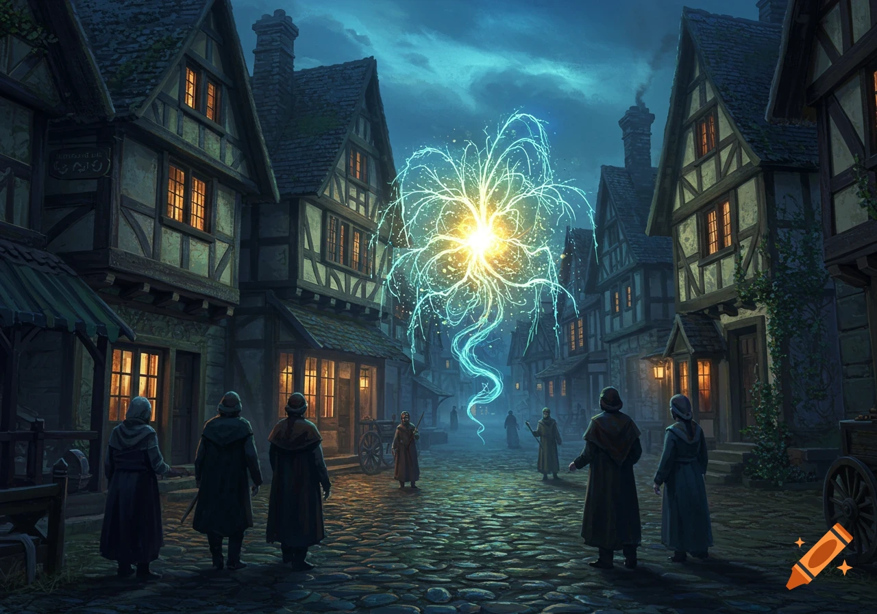 Cloaked figures in a medieval village square gaze at a bright, crackling blue and gold energy sphere floating at dusk. Detailed fantasy art.
