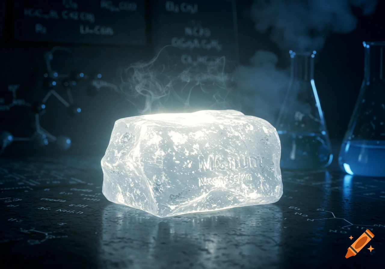 A glowing, icy block of magnesium smokes in a dark laboratory, with beakers and chemical formulas in the background.
