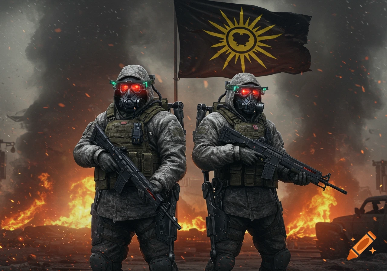 Two heavily armed soldiers in gas masks and futuristic gear stand in a burning, post-apocalyptic landscape under a black flag with a yellow emblem. Photorealistic.
