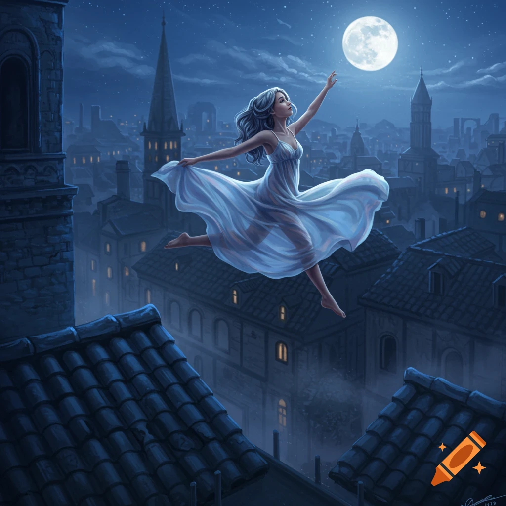 Woman in white dress leaping over a moonlit cityscape at night, reaching for the full moon.