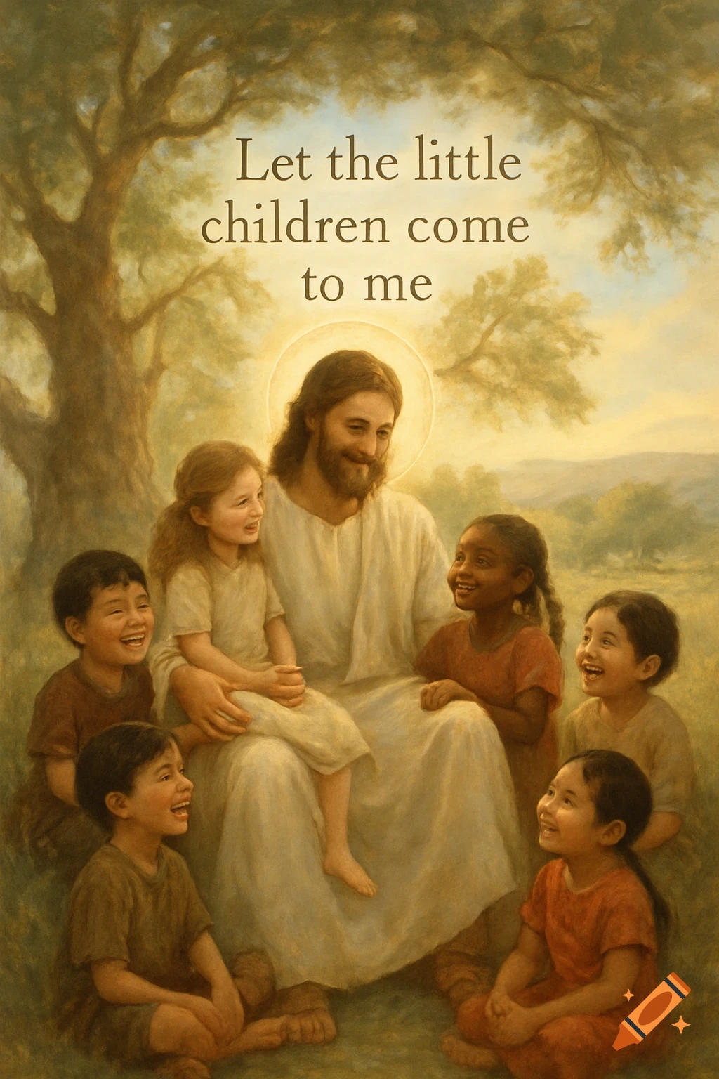 Painting of Jesus with a halo, smiling gently, surrounded by six diverse children laughing joyfully. Text reads "Let the little children come to me."
