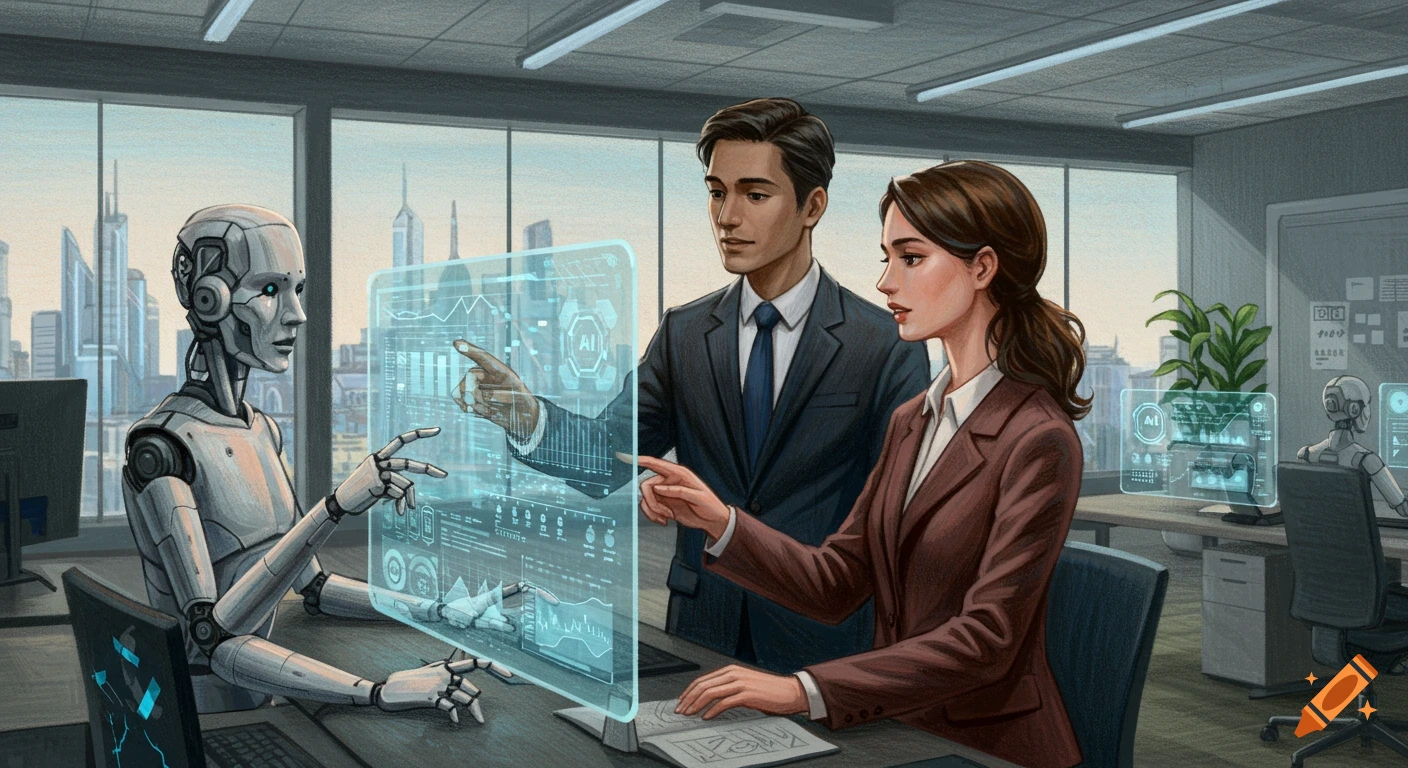 A robot and two business professionals interact with a holographic interface displaying data in a modern office, colored pencil style.