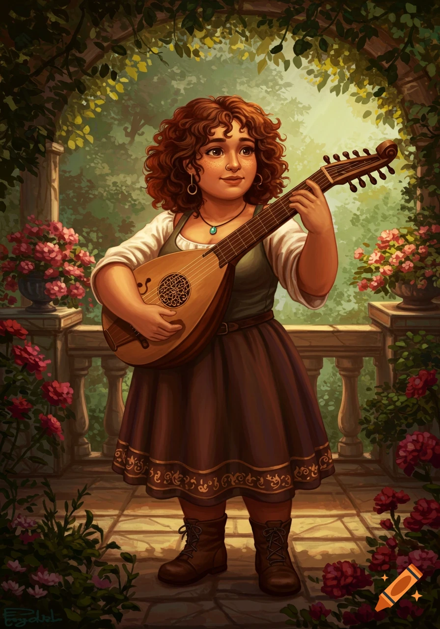 An illustrated short, curvy woman with curly brown hair plays a lute in a lush garden arbor adorned with roses.