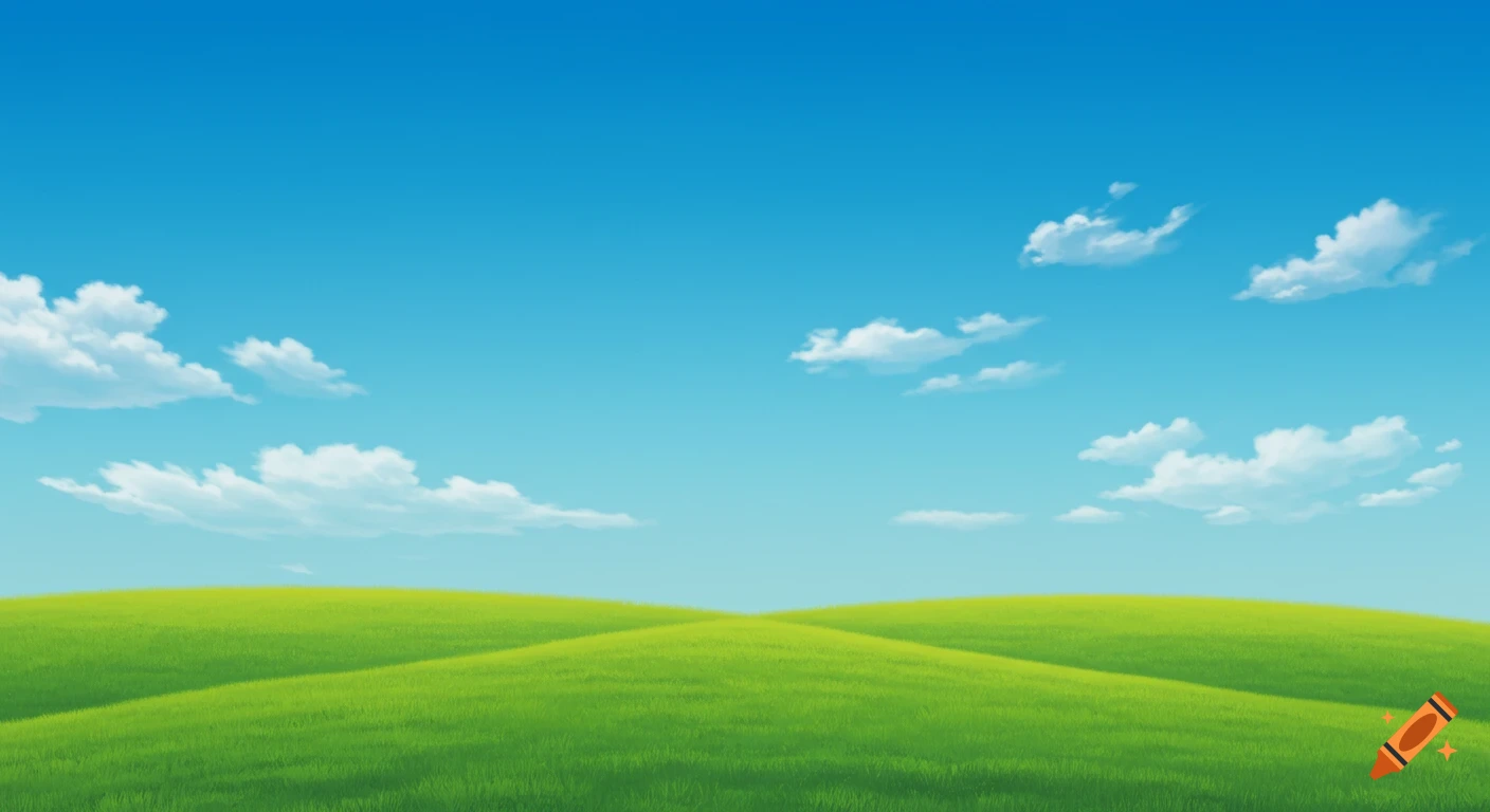 A vibrant, stylized landscape with rolling green hills under a bright blue sky with fluffy white clouds.