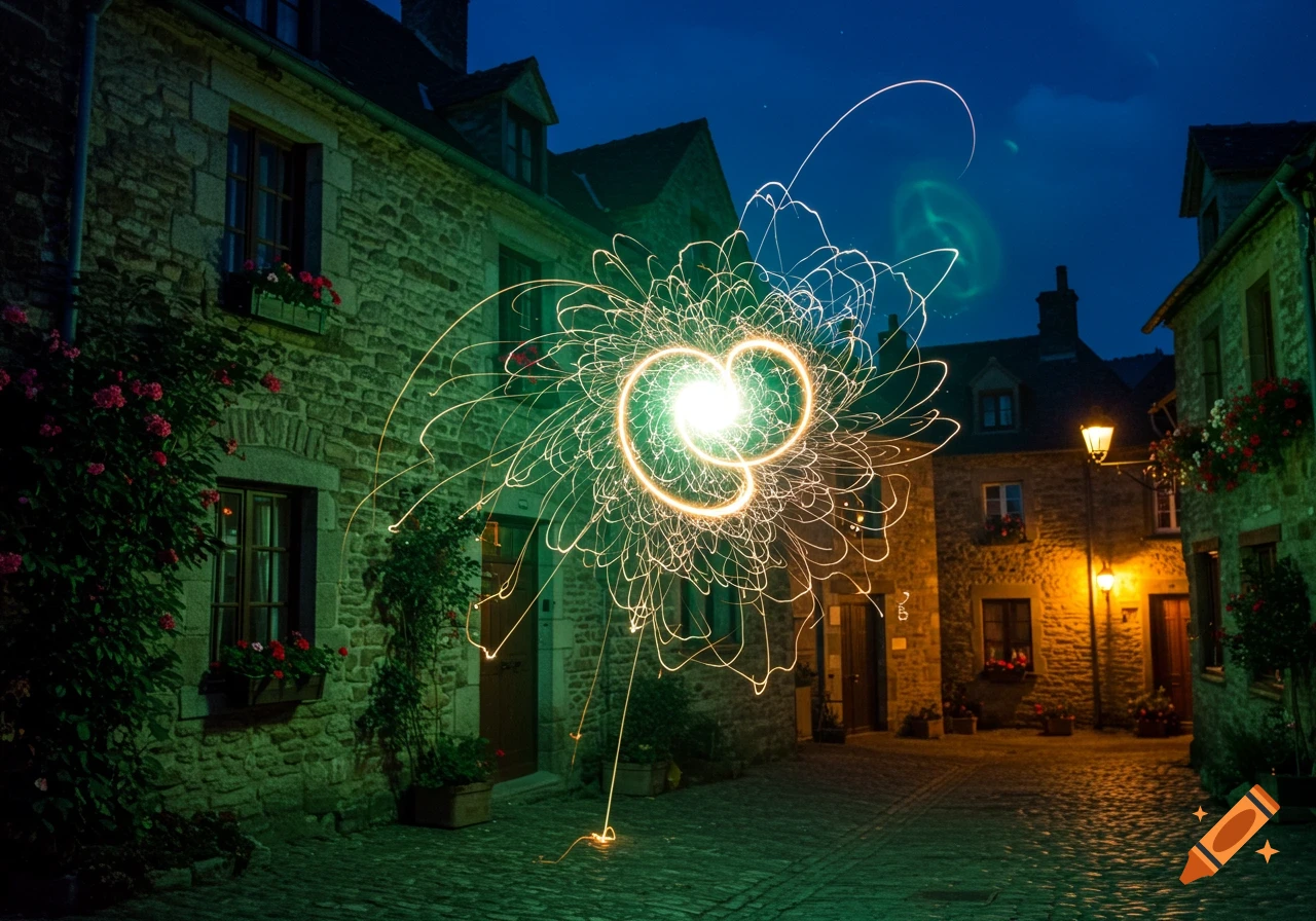 Bright, swirling light trails illuminate a stone village square at night, with old buildings and a streetlamp.