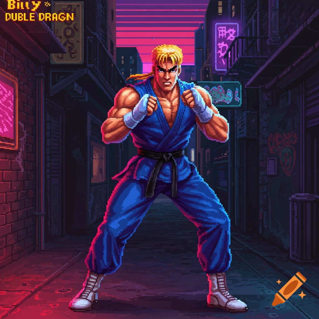 Pixel art of a muscular male fighter in a blue gi with white wrist wraps, standing ready in a cyberpunk-style alley with neon signs.