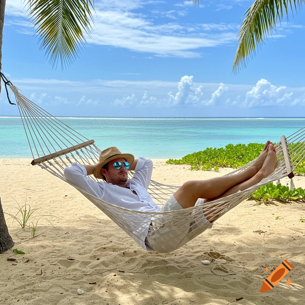 A man in a hat and sunglasses relaxes in a hammock on a sandy tropical beach with clear blue water.