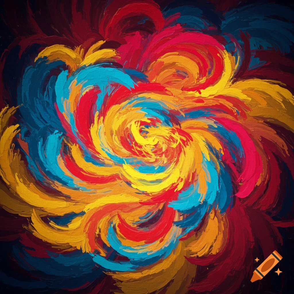 Vibrant abstract painting with swirling brushstrokes in red, yellow, and blue, creating a dynamic colorful pattern.
