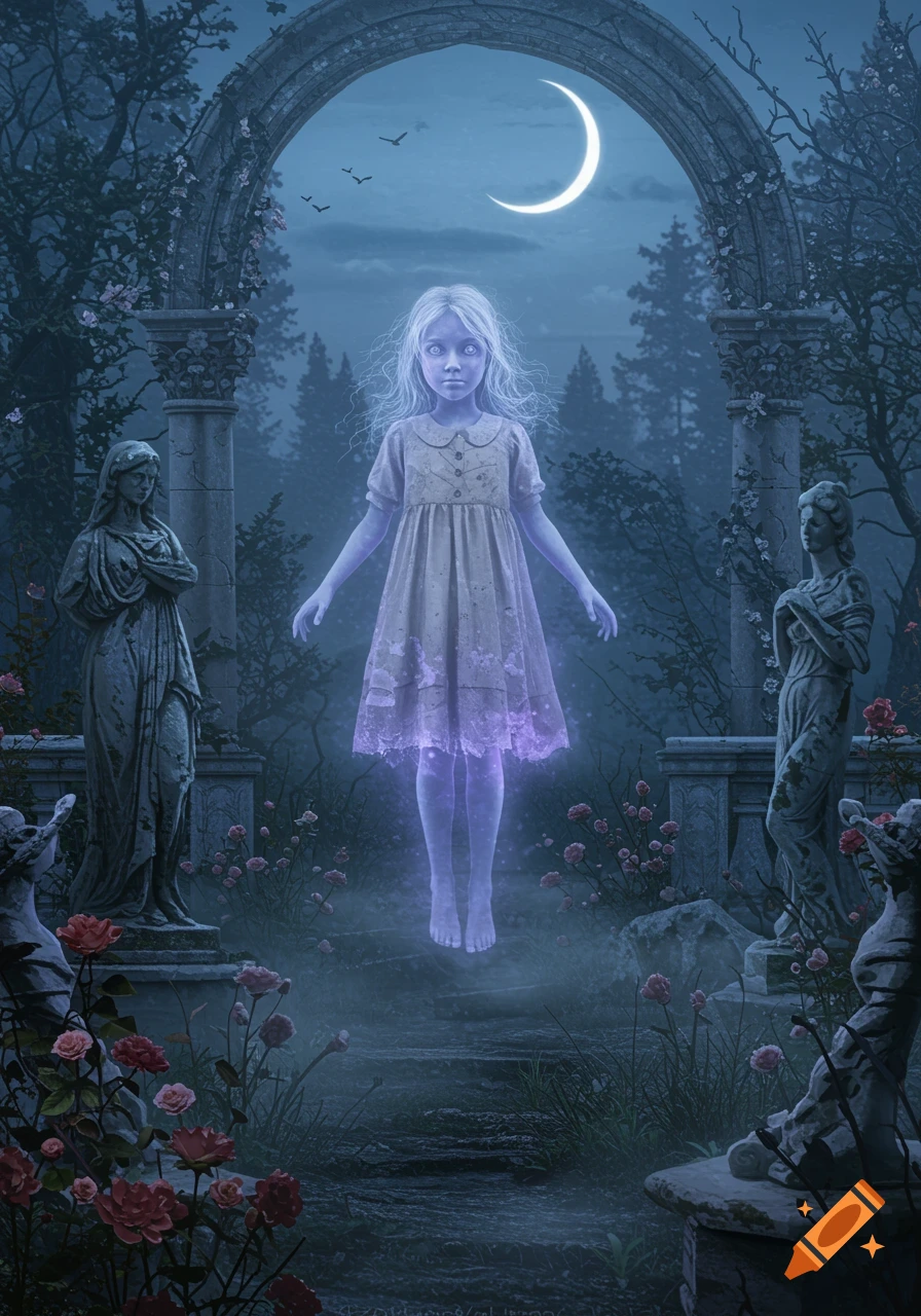 An ethereal ghost child with glowing purple energy floats in a moonlit gothic garden surrounded by stone statues, arches, and roses.