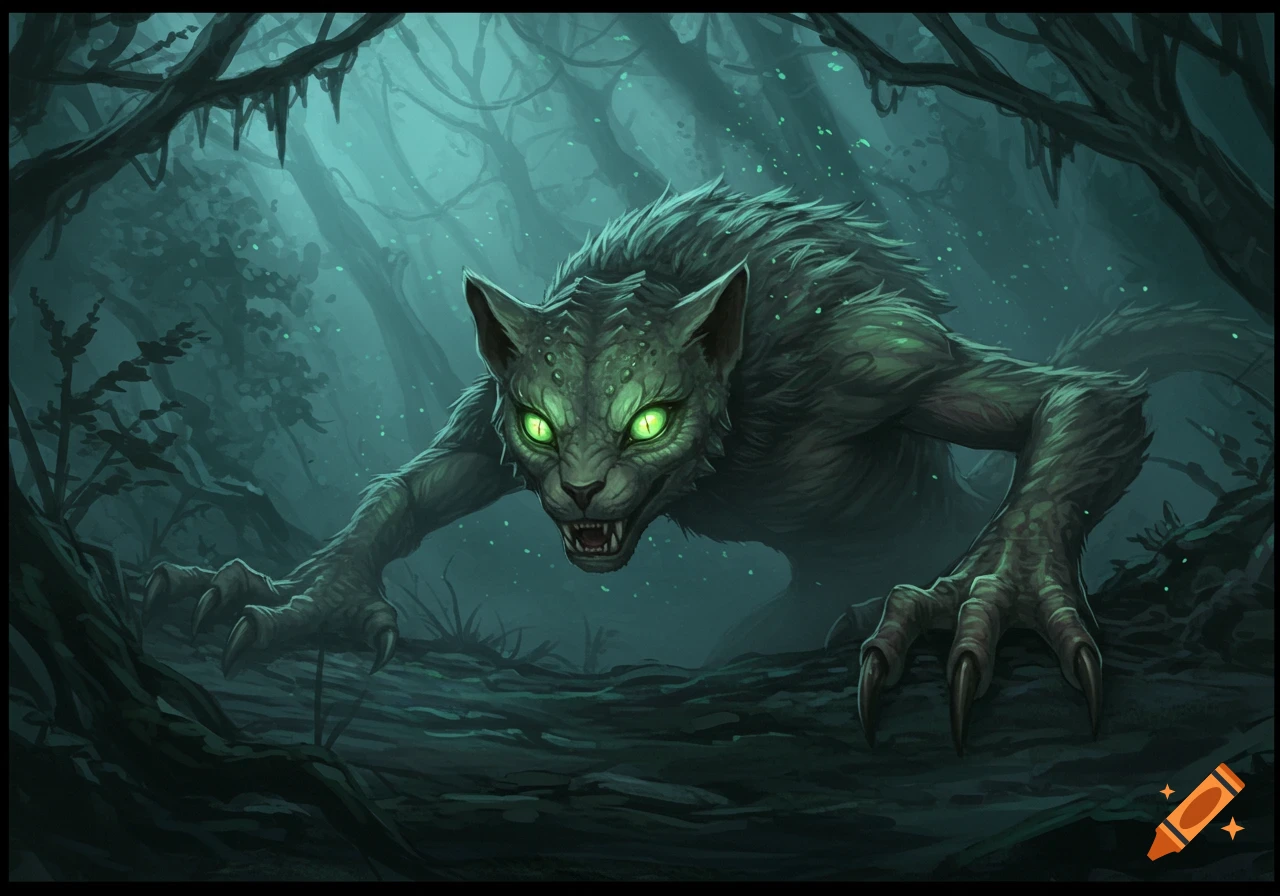 A menacing, cat-like fantasy creature with glowing green eyes and sharp claws lurks in a dark, misty forest.