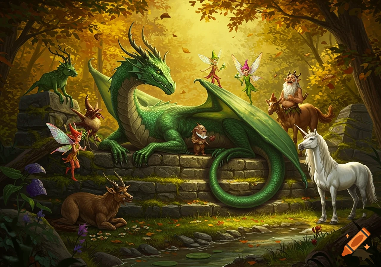 A large green dragon rests in a magical autumn forest with fairies, a satyr, a unicorn, and other mythical creatures.