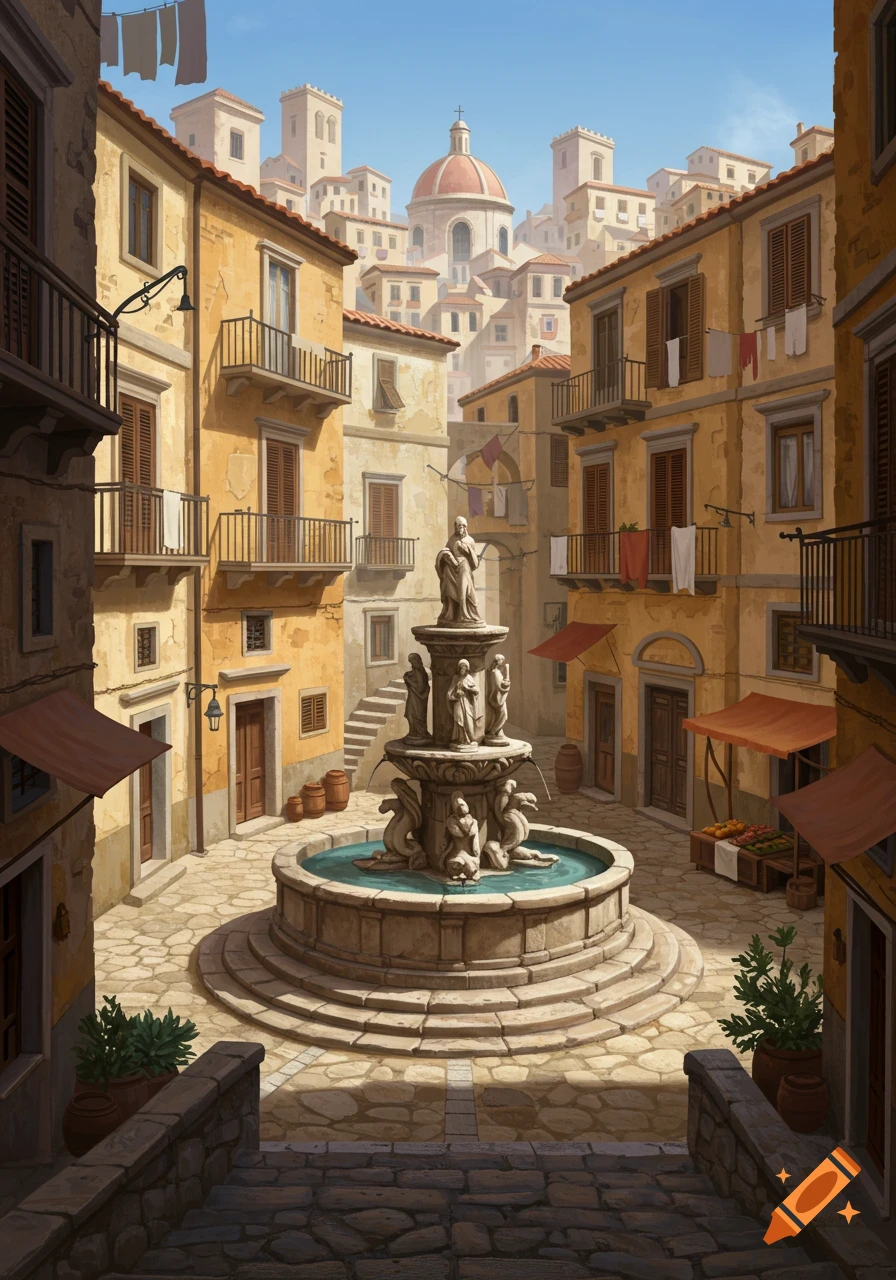 Sunny Italian city square with golden buildings, a multi-tiered fountain, cobblestone streets, and laundry hanging from balconies.