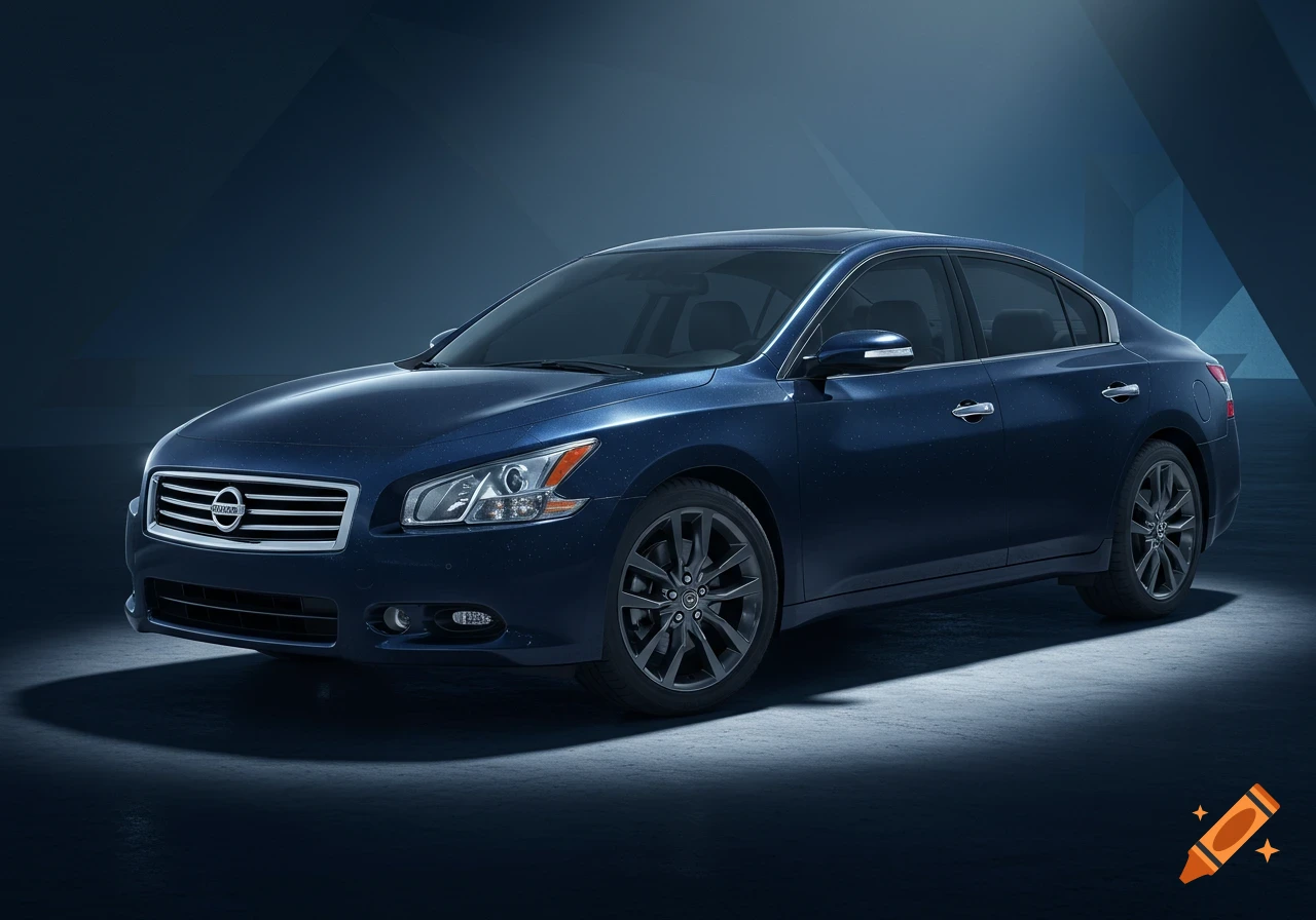 Dark blue Nissan Maxima sedan with gunmetal grey trim in a dimly lit setting, photorealistic style.