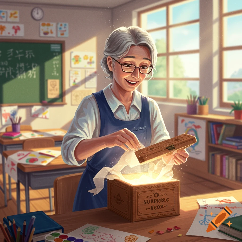An elderly female teacher with grey hair and glasses opens a glowing surprise box at a desk in a sunlit classroom, with children's drawings on the wall.
