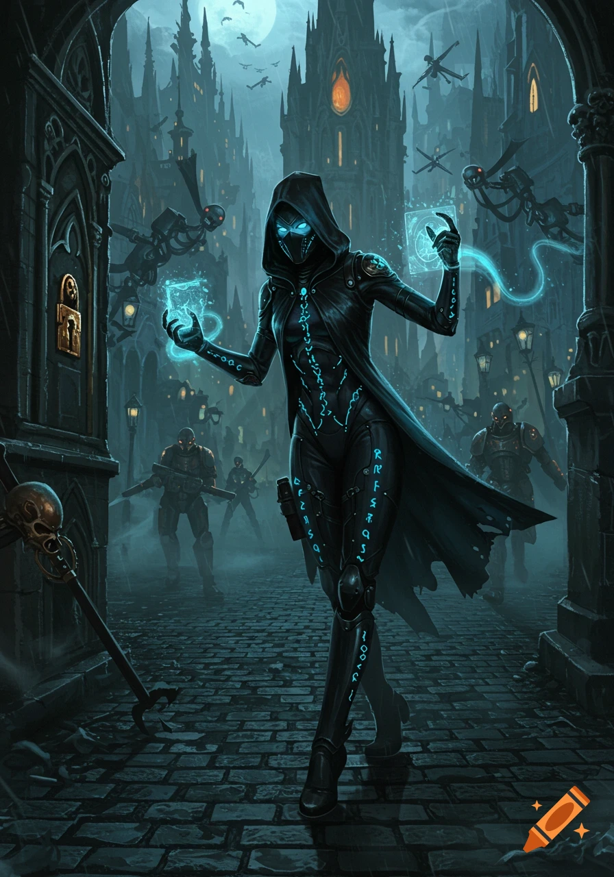 A hooded figure in black armor with glowing blue runes and eyes holds glowing objects in a dark, gothic sci-fi city with flying drones.