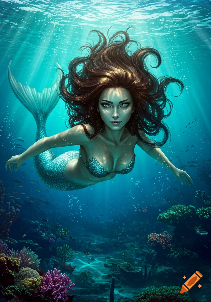 A beautiful brown-haired mermaid with blue-green eyes and a scale bikini top swims underwater amidst colorful coral reefs.
