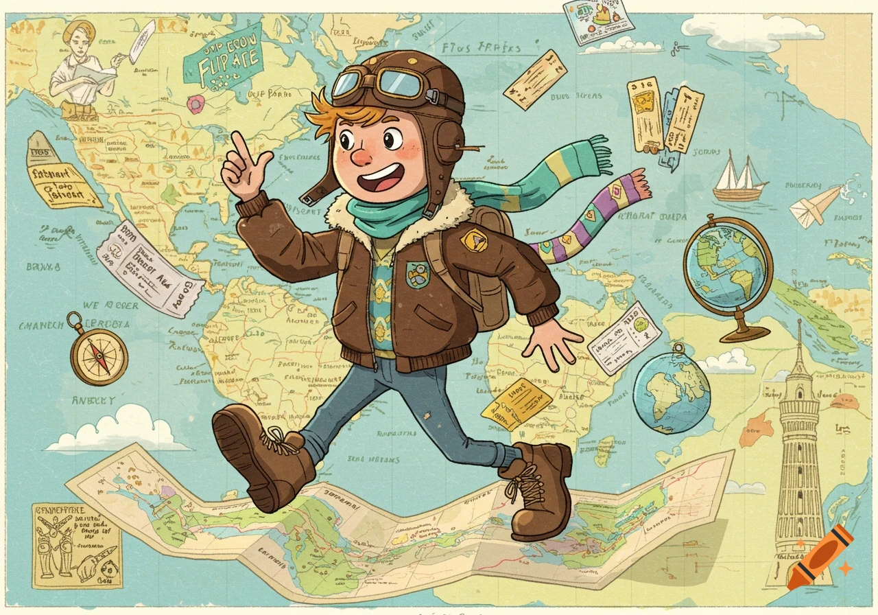 Cartoon boy in aviator gear runs across a world map, surrounded by travel items like globes, tickets, and a compass.