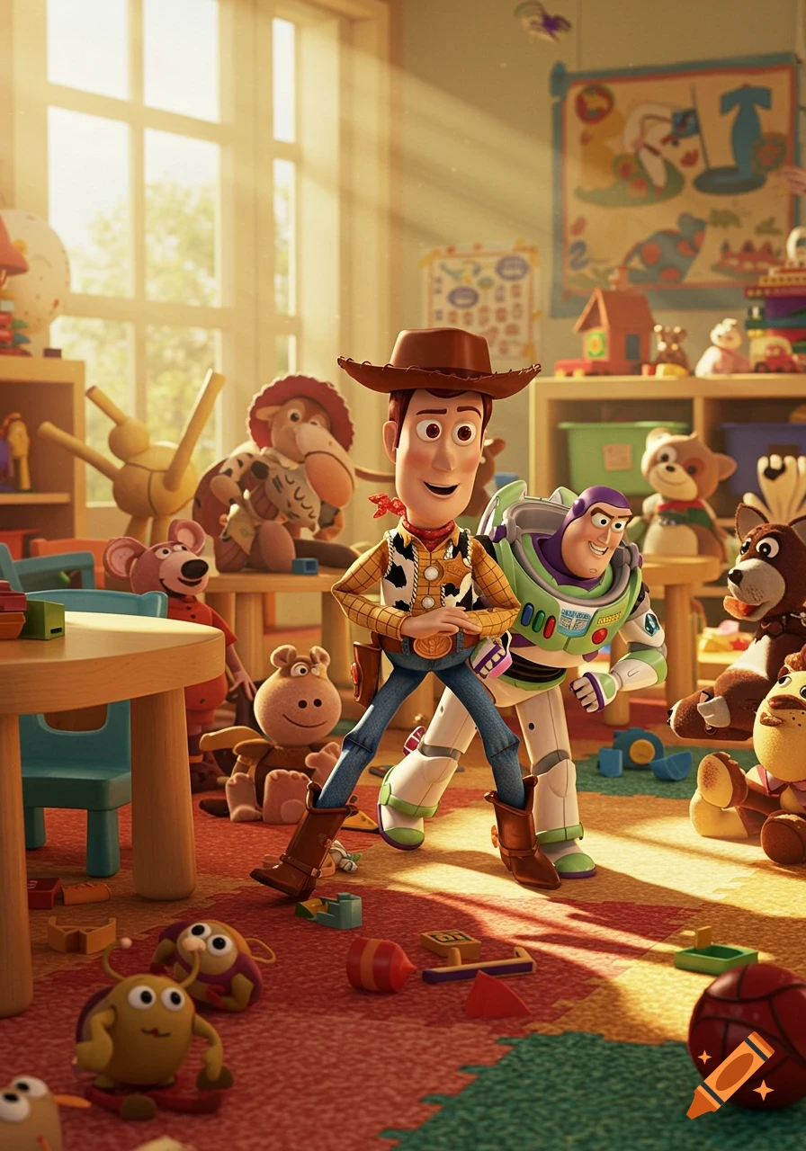 Woody and Buzz Lightyear stand in a sun-drenched playroom surrounded by other toys in a vibrant animation style.