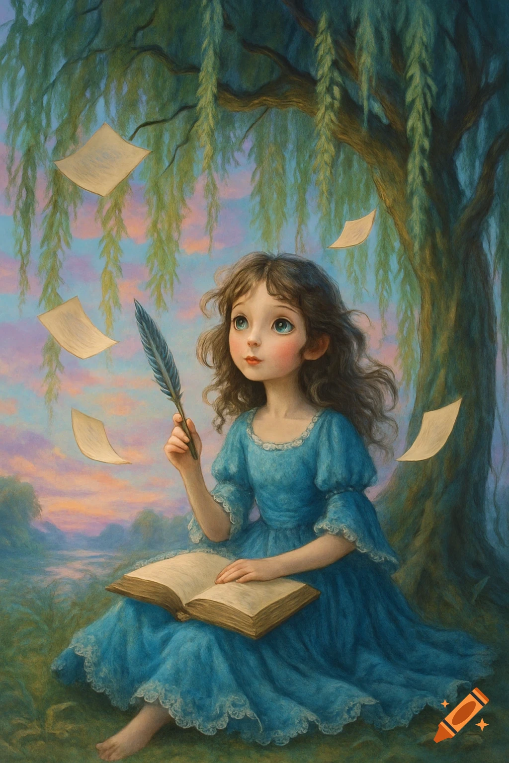 A whimsical girl in a blue dress sits under a willow tree, holding a quill over an open book, with pages floating.