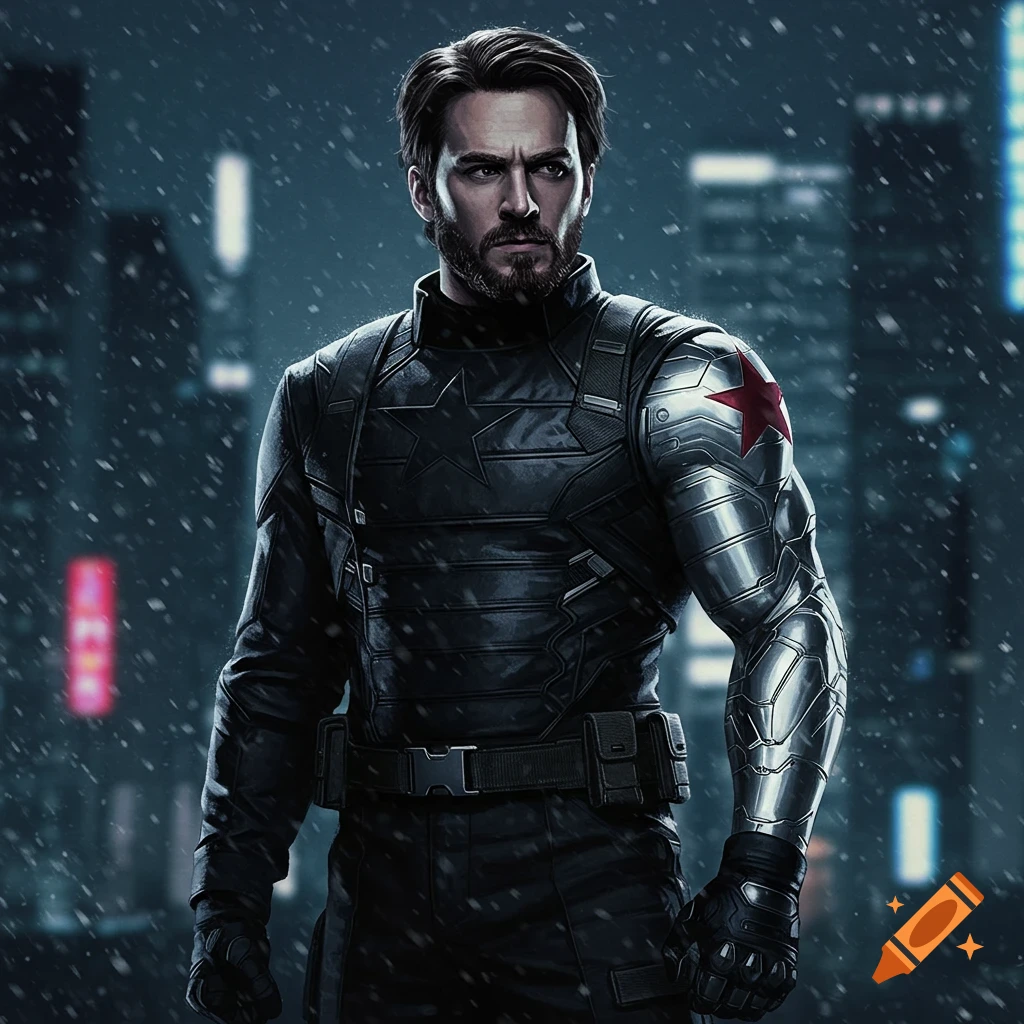 The Winter Soldier in a black tactical suit with a metal arm and star symbol, standing in a snowy city at night.