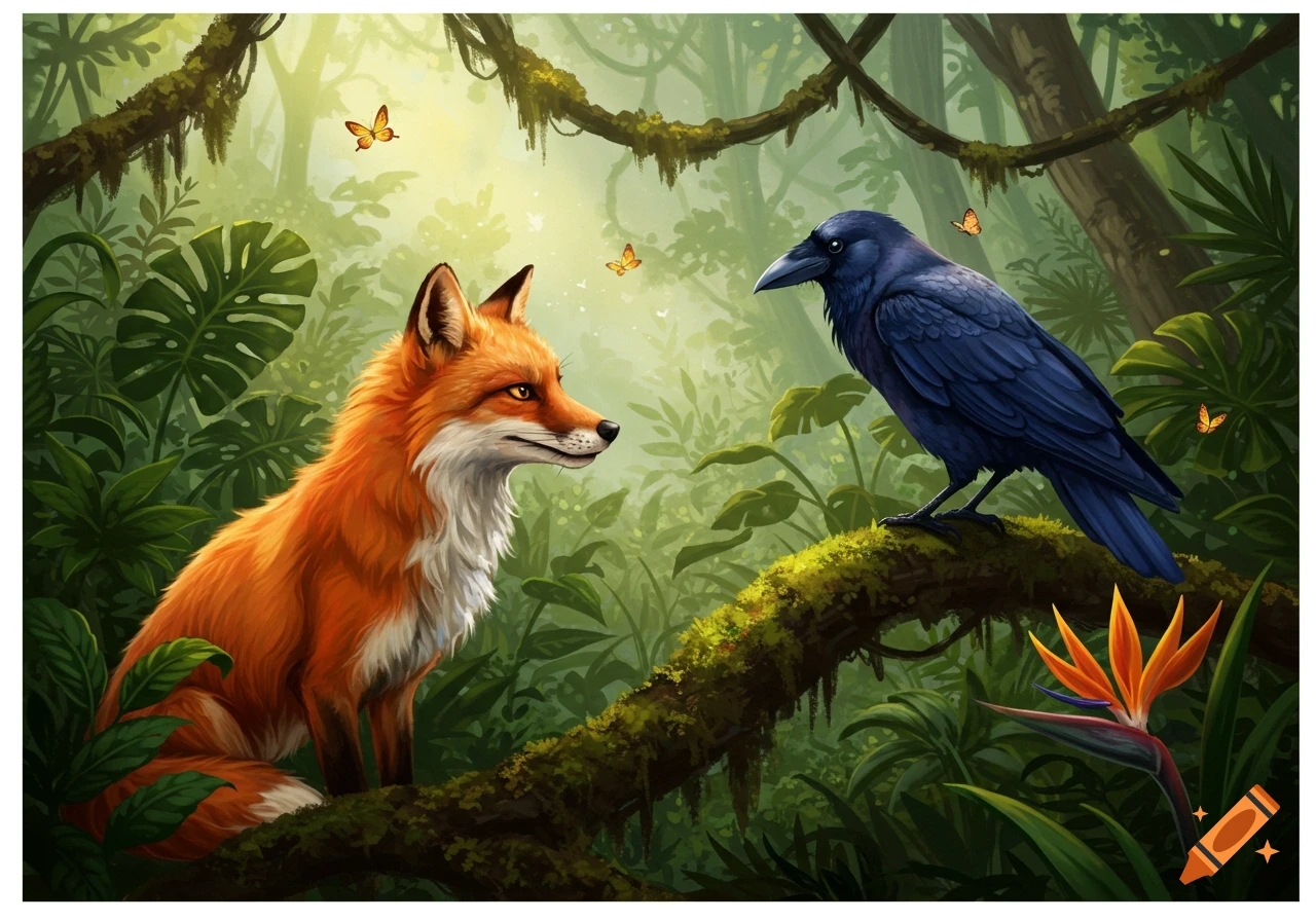 A vibrant illustration of a fox looking at a crow perched on a mossy branch in a lush, sunlit jungle with butterflies.