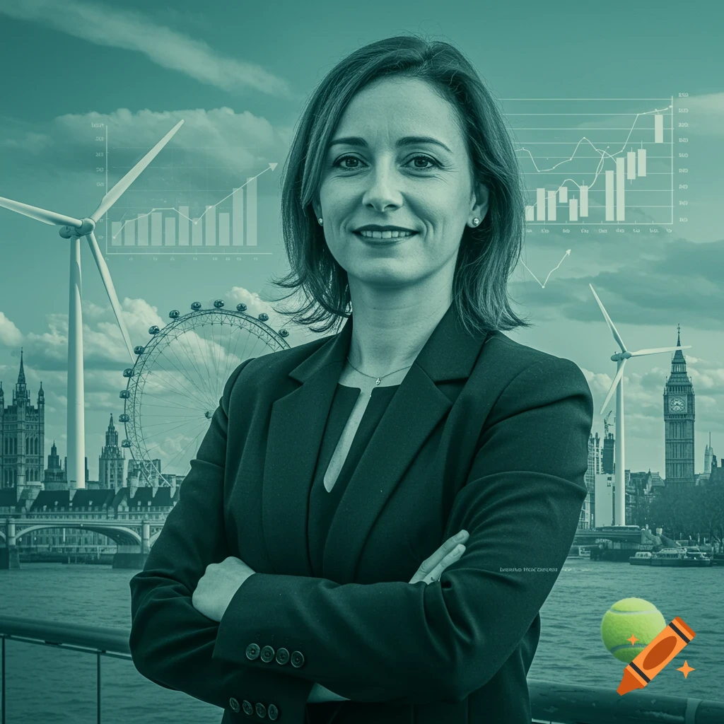 A professional portrait of a woman in a suit, arms crossed, smiling in front of a London skyline with wind turbines and abstract graphs. A tennis ball floats in the lower right.