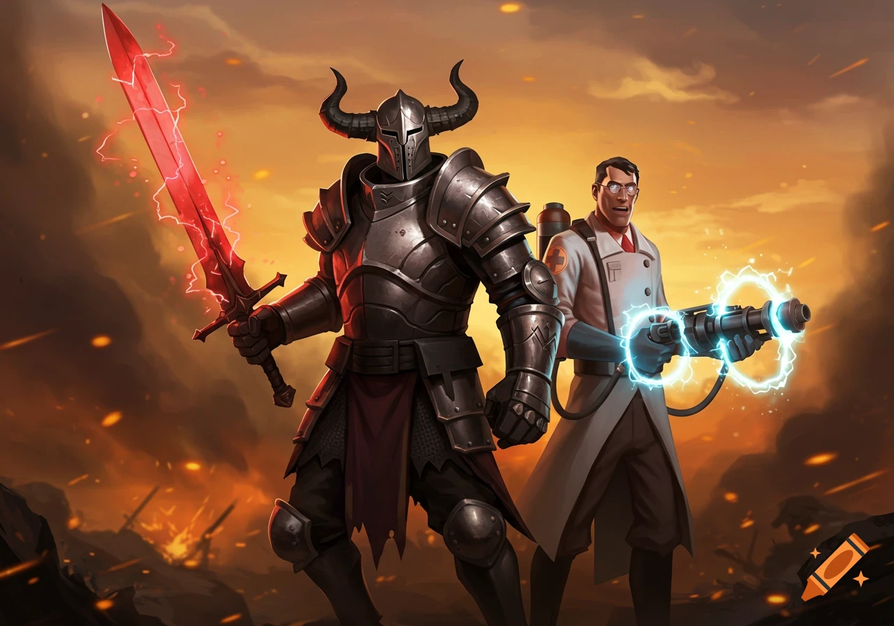 An armored knight with a glowing red sword and a TF2 Medic with an electric weapon stand on a fiery battlefield.