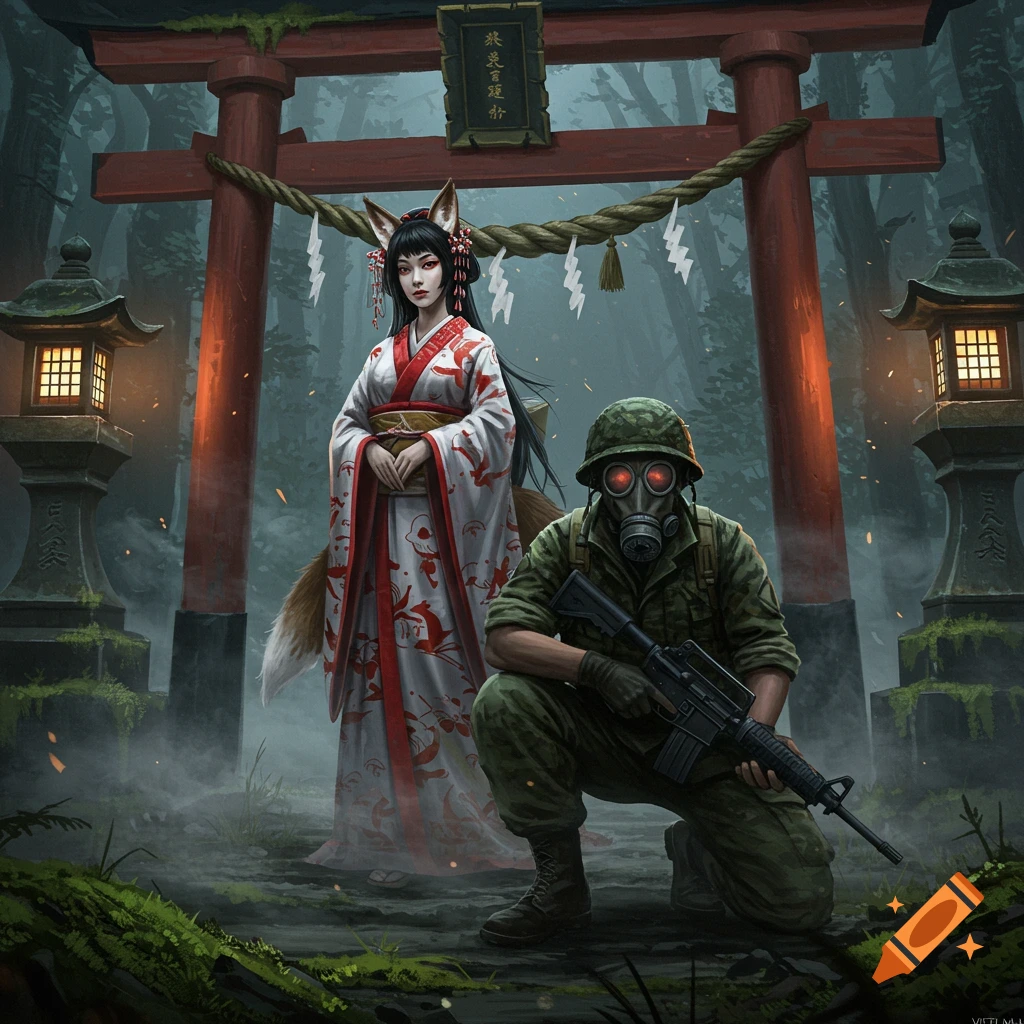 A Kitsune Shrine Maiden in a kimono stands next to a crouching soldier in a gas mask holding an M16, in a foggy forest with a torii gate.