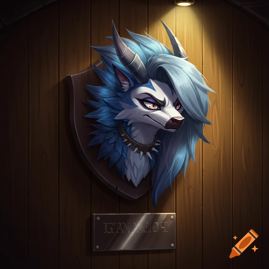 Stylized furry wolf-like creature's trophy head with blue fur, white face, and horns, mounted on a wooden plaque.