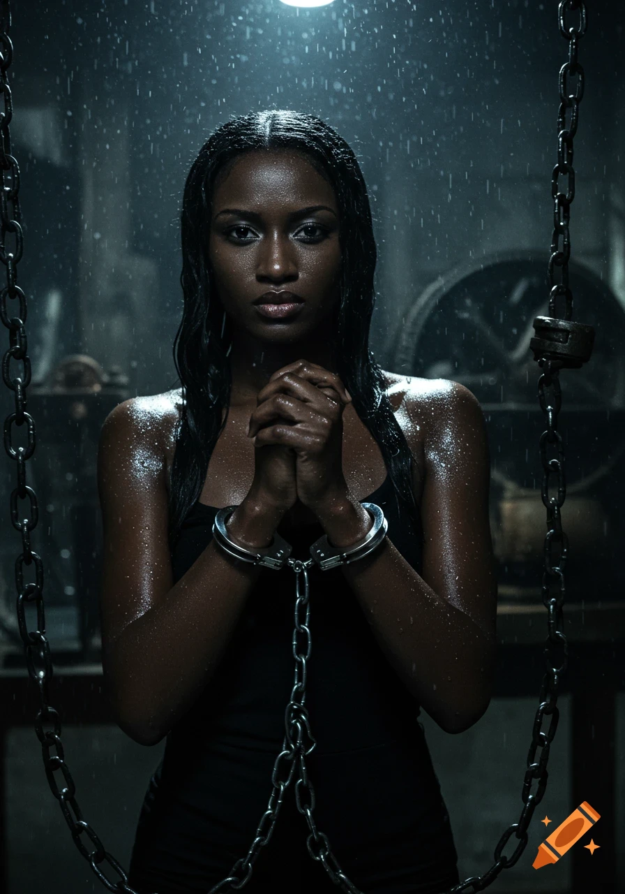 A photorealistic, moody portrait of a Black woman in handcuffs, wet from rain, with her hands clasped in front of her in a dark setting.