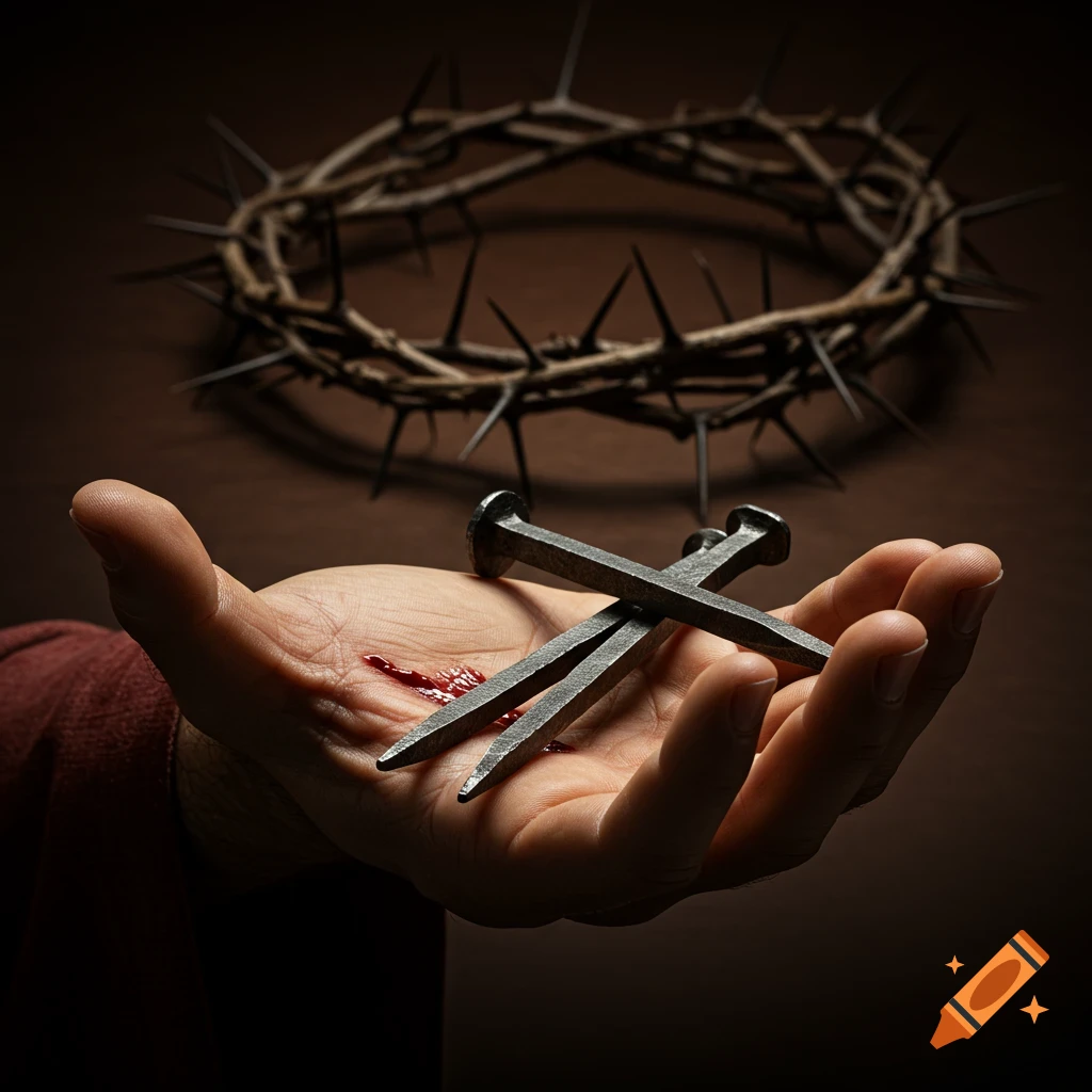 A somber, photorealistic image of a hand with a bleeding wound, holding three crucifixion nails. A crown of thorns is blurred in the background.