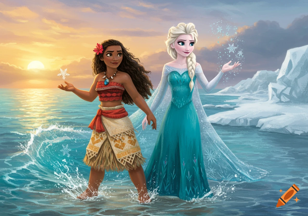 Moana and Elsa stand in the ocean. Moana is on a sunlit beach, while Elsa is on an icy shore, both holding magical snowflakes.