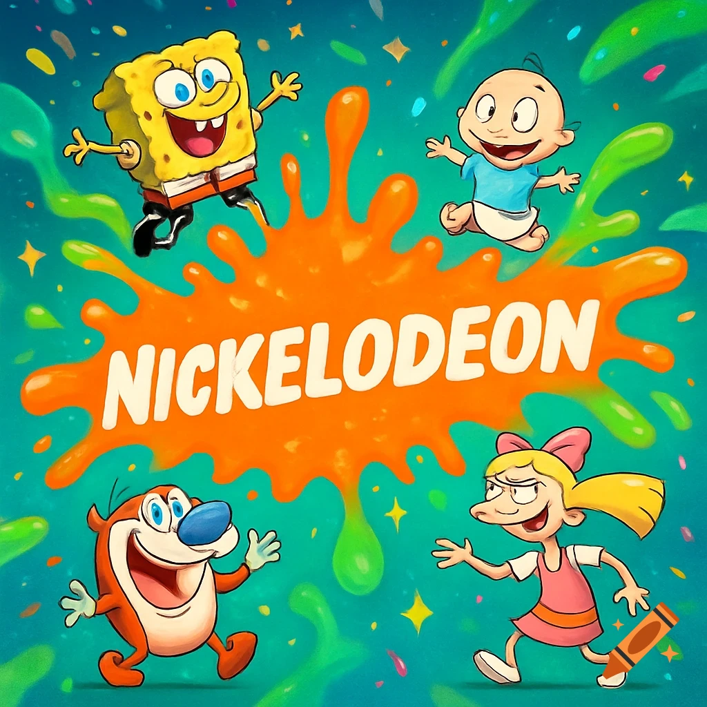 Cartoon characters SpongeBob, Tommy Pickles, Stimpy, and Helga Pataki surround a vibrant orange Nickelodeon logo splash on a green background with confetti.