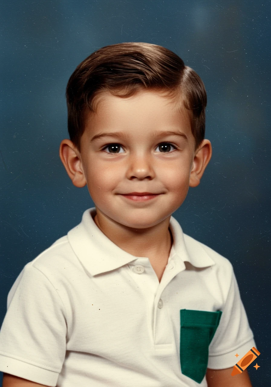 A smiling young boy with slicked back brown hair wears a white polo shirt with a green pocket against a blue background in a 1990s yearbook style.