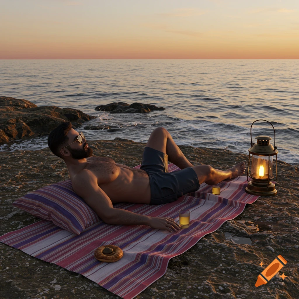 A bearded man in sunglasses lounges shirtless on a striped blanket by a rocky seaside at sunset, with a lit lantern nearby.