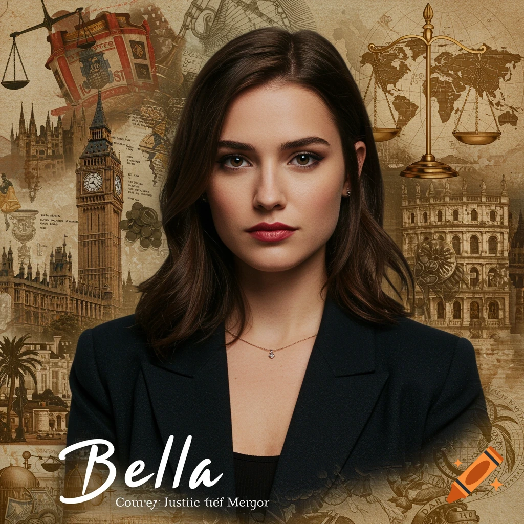 A young woman in a black blazer stands in front of a vintage-style collage background featuring Big Ben, scales of justice, maps, and other historical architecture. The name "Bella" is prominently displayed at the bottom.