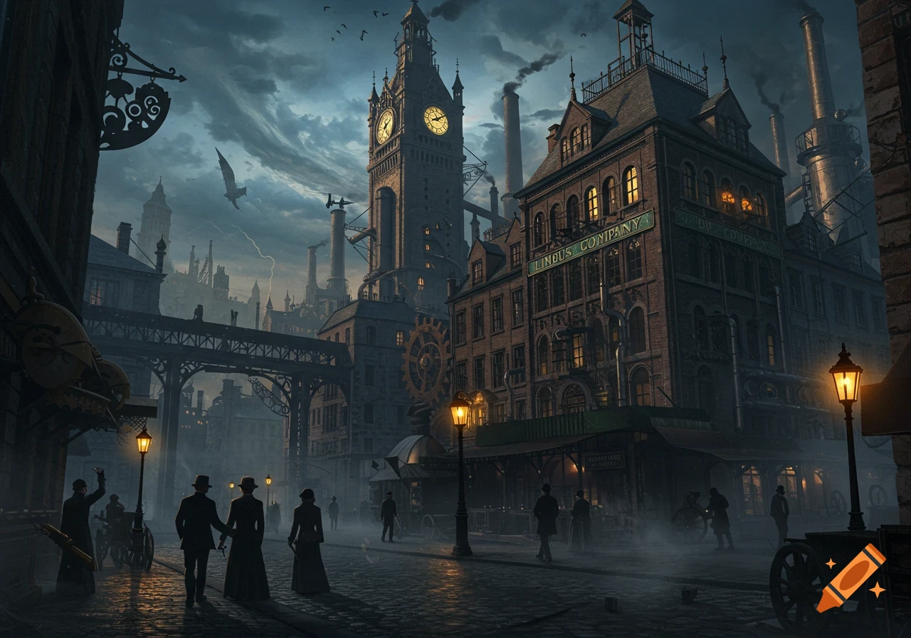 Atmospheric steampunk cityscape with a towering clock tower, factories, and people walking on a foggy, cobblestone street at dusk.