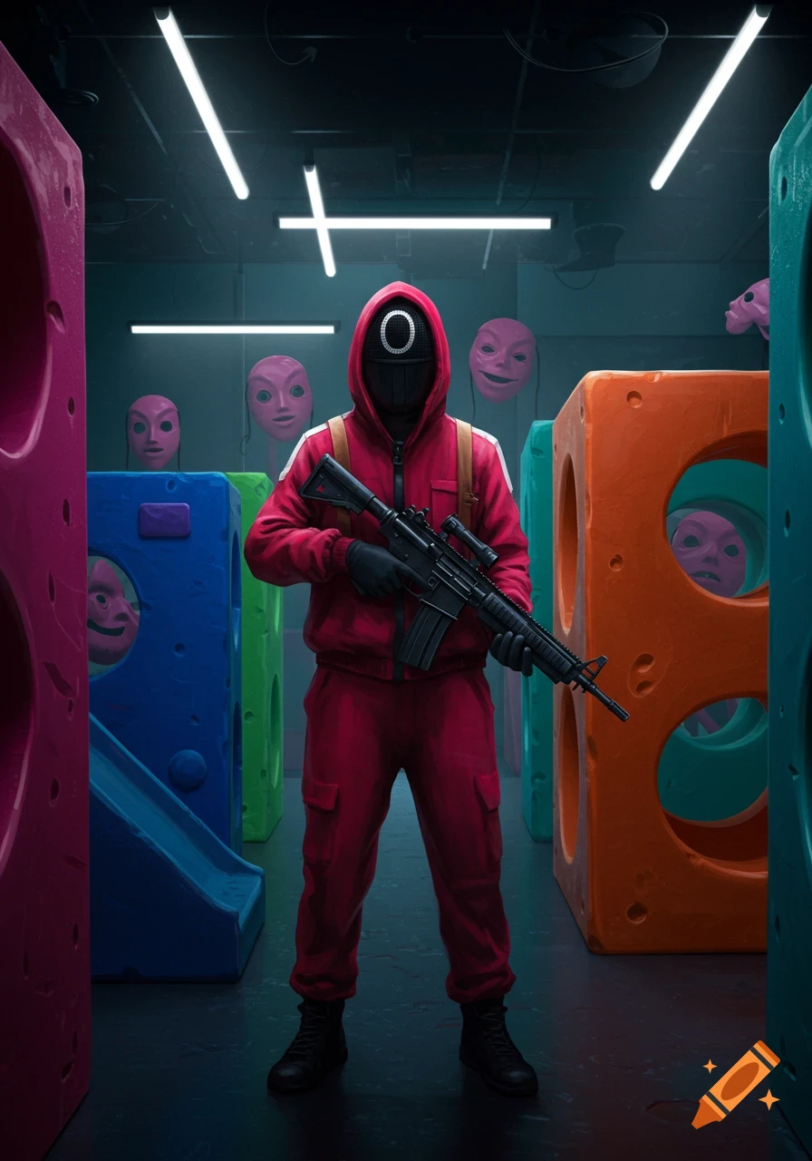 Squid Game worker in a red tracksuit and circle mask holds a rifle, surrounded by colorful blocks and eerie pink masks in a dark room.