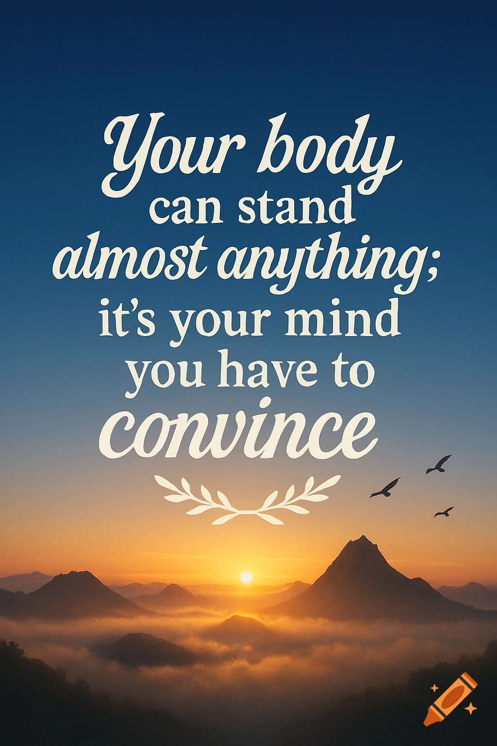 A motivational quote 'Your body can stand almost anything; it’s your mind you have to convince.' over a sunset mountain landscape with flying birds.