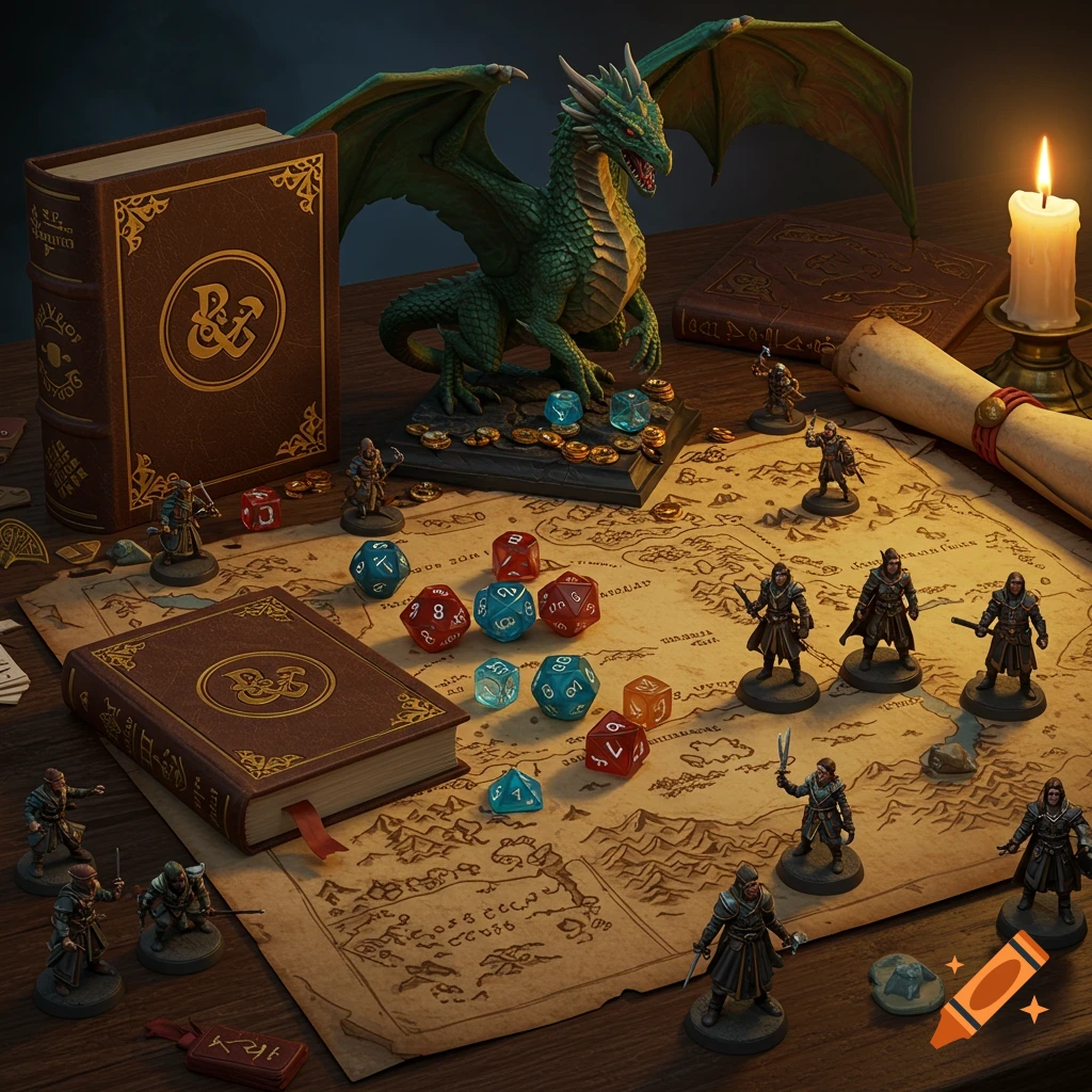 A Dungeons & Dragons setup on a wooden table with a green dragon statue, dice, miniatures, a map, and books.