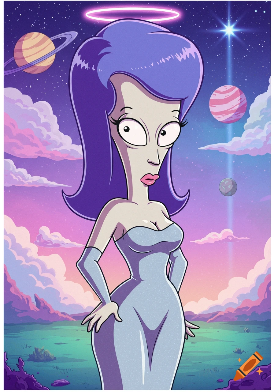 Cartoon female alien character with purple hair and a halo, standing in a dreamy space landscape with planets and pink clouds.