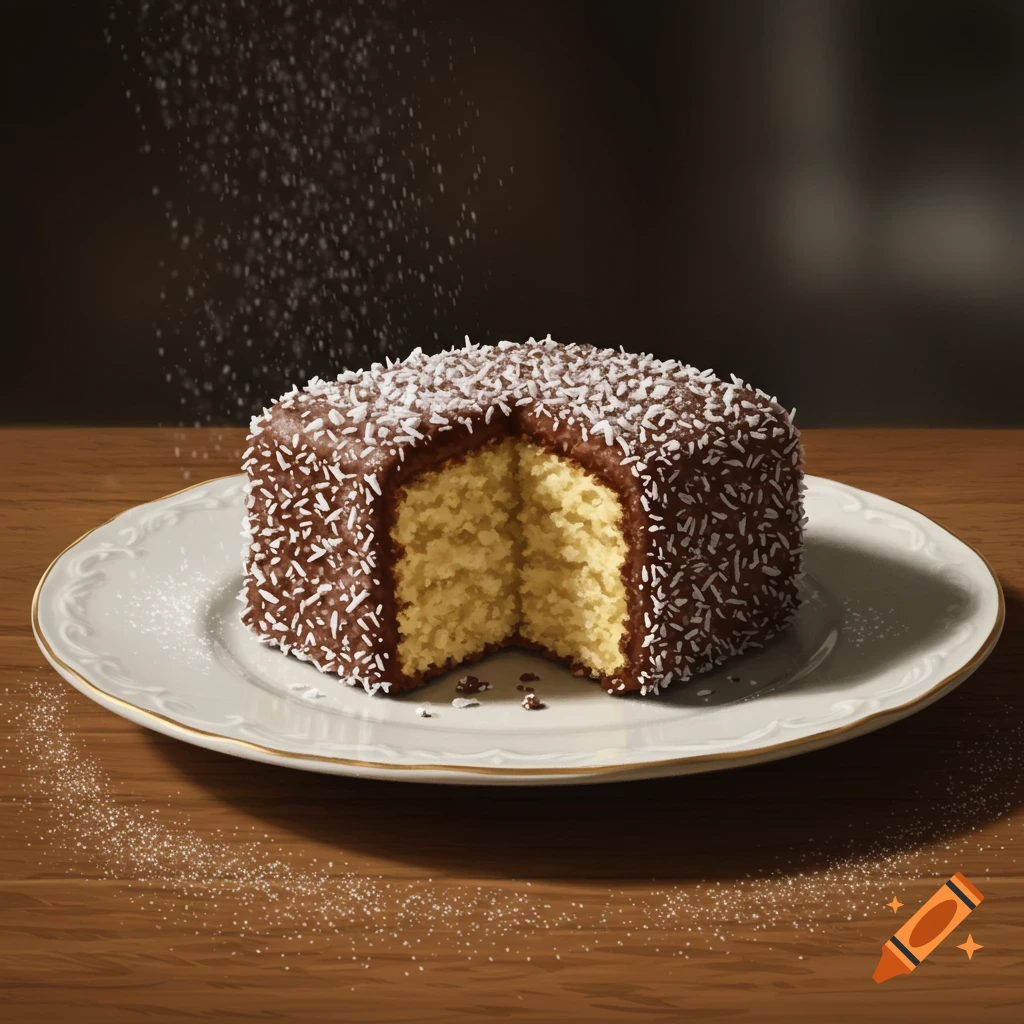 A photorealistic lamington cake, covered in chocolate and shredded coconut, with a slice removed, on a white plate. Coconut flakes fall onto the cake.