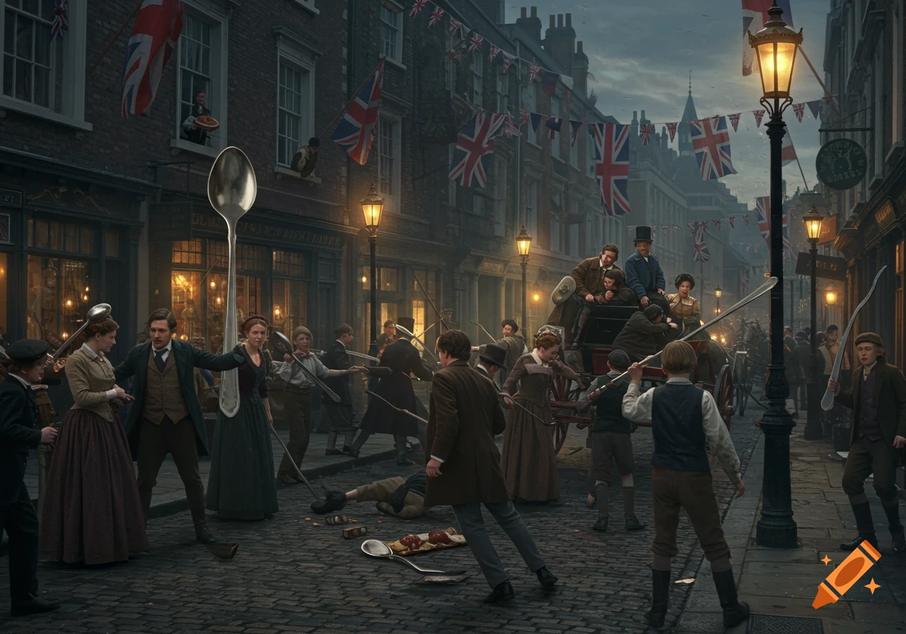 A busy British street scene in historical attire, with people brandishing oversized spoons and spoon-like weapons in a chaotic brawl. Union Jack flags hang above.