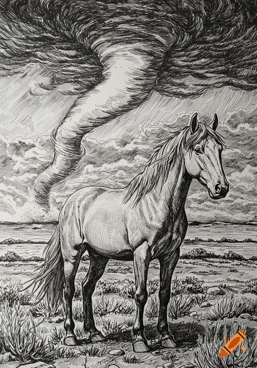 Black and white sketch of a horse standing in a desolate landscape under a swirling tornado.