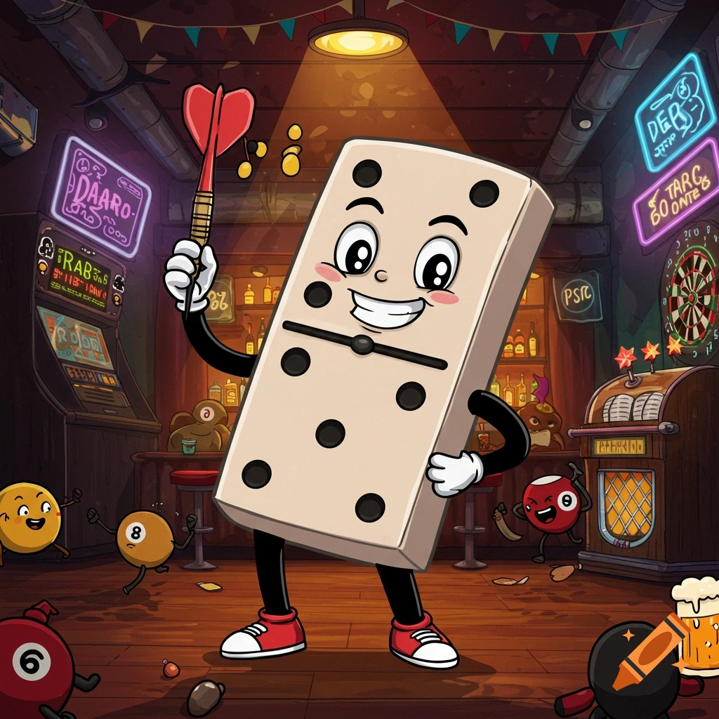 A cheerful cartoon domino character holds a dart, smiling in a dimly lit bar surrounded by anthropomorphic game pieces.