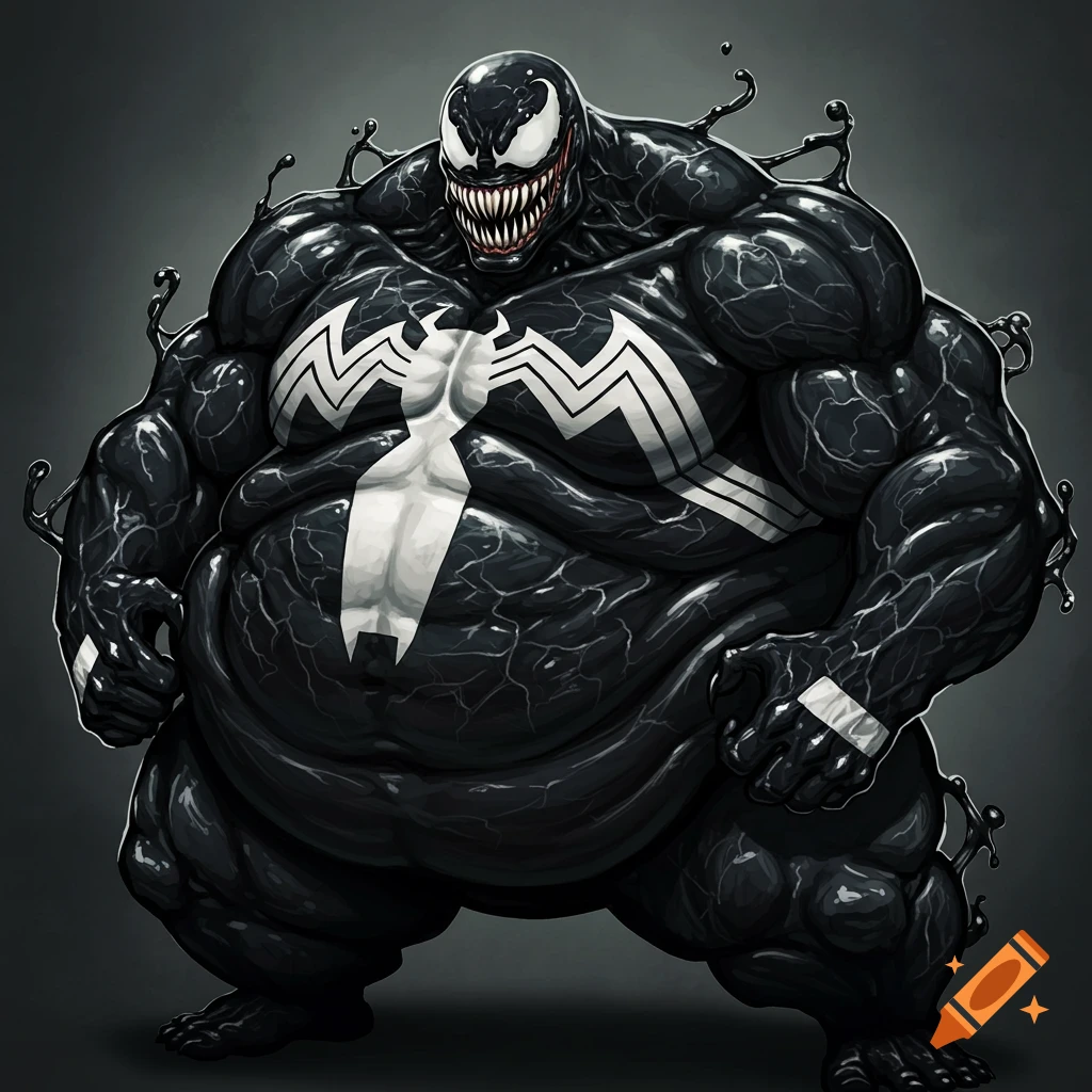 An illustrative, comic book style depiction of a massively obese Venom, black with a white spider symbol, standing with a wide grin on a dark gray background.