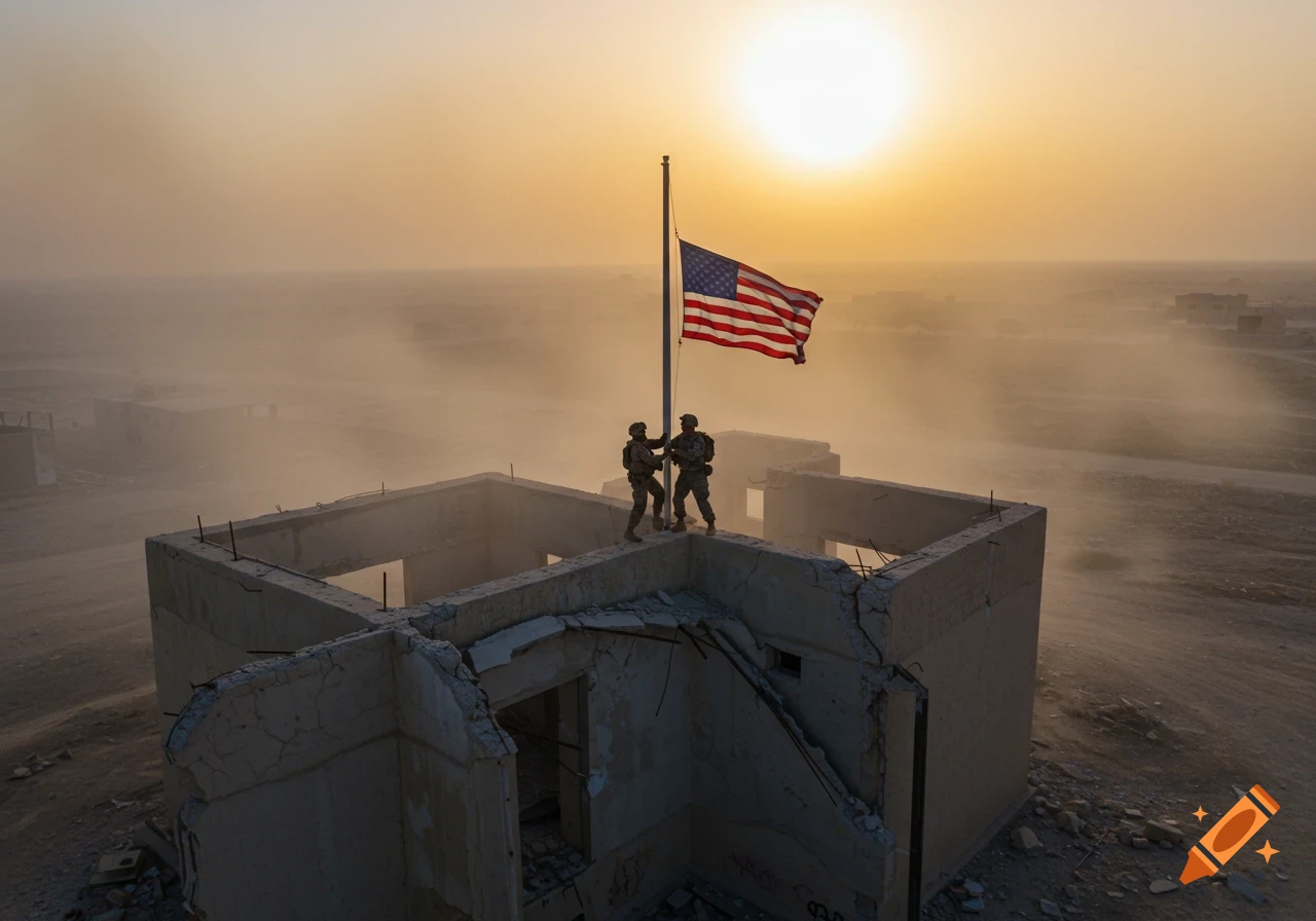 Two soldiers raise an American flag atop a damaged concrete building in a dusty, desert landscape at sunrise, photorealistic.