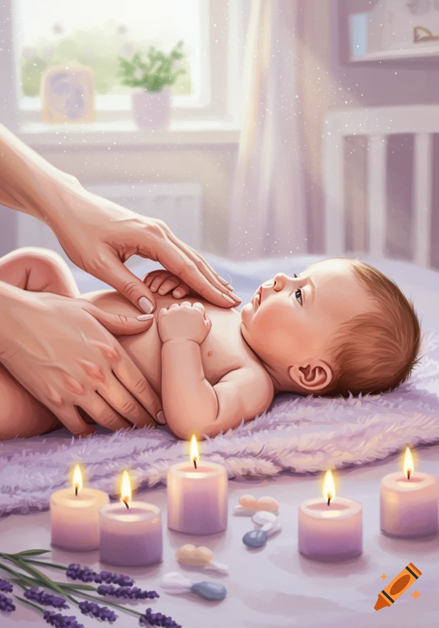 Illustrative painting of adult hands gently massaging a baby on a purple blanket, surrounded by lit candles and lavender.