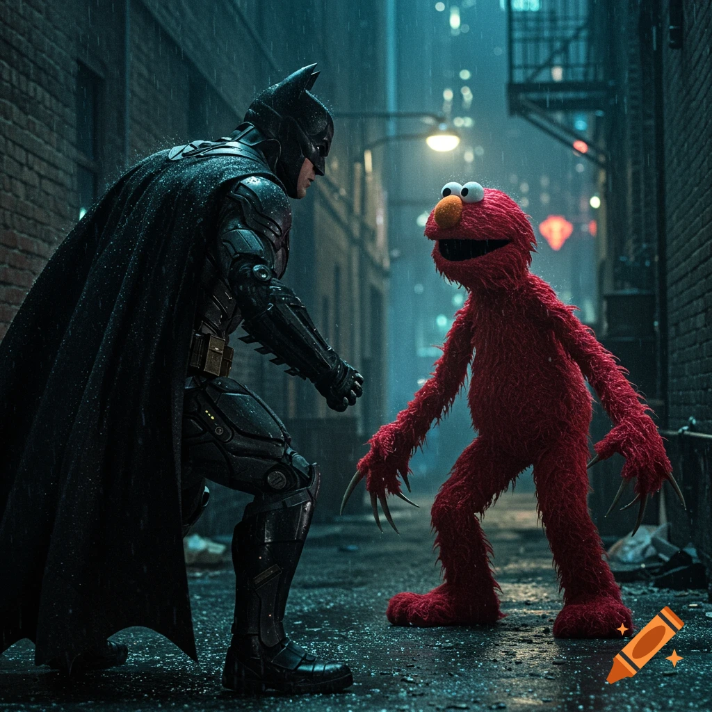 Photorealistic image of Batman confronting a monstrous, clawed red Elmo in a dark, rainy urban alley.