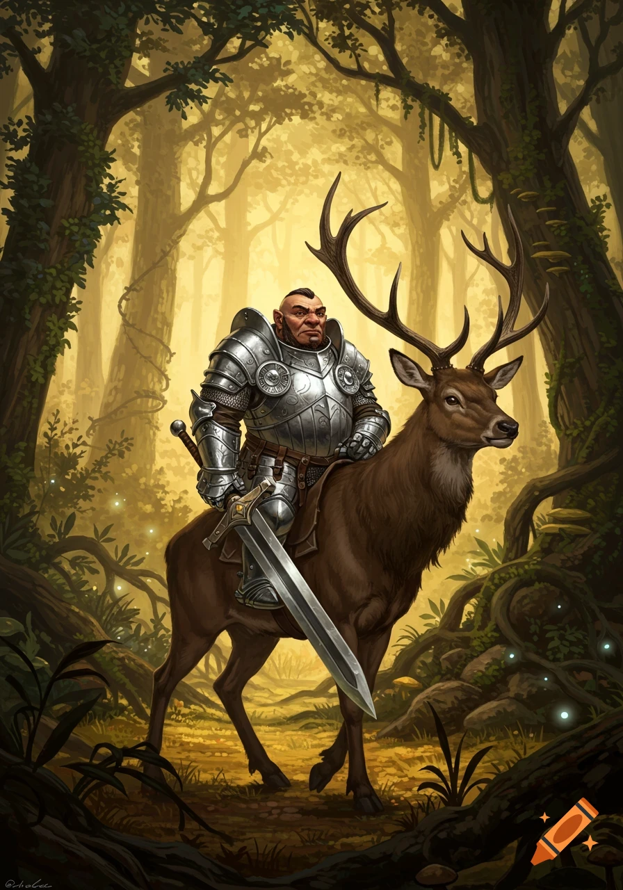 A gnome paladin in silver armor rides a large deer, holding a sword, in a glowing forest, digital art.